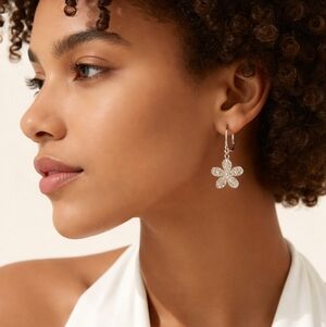 White daisy crystal enamel lever back earrings